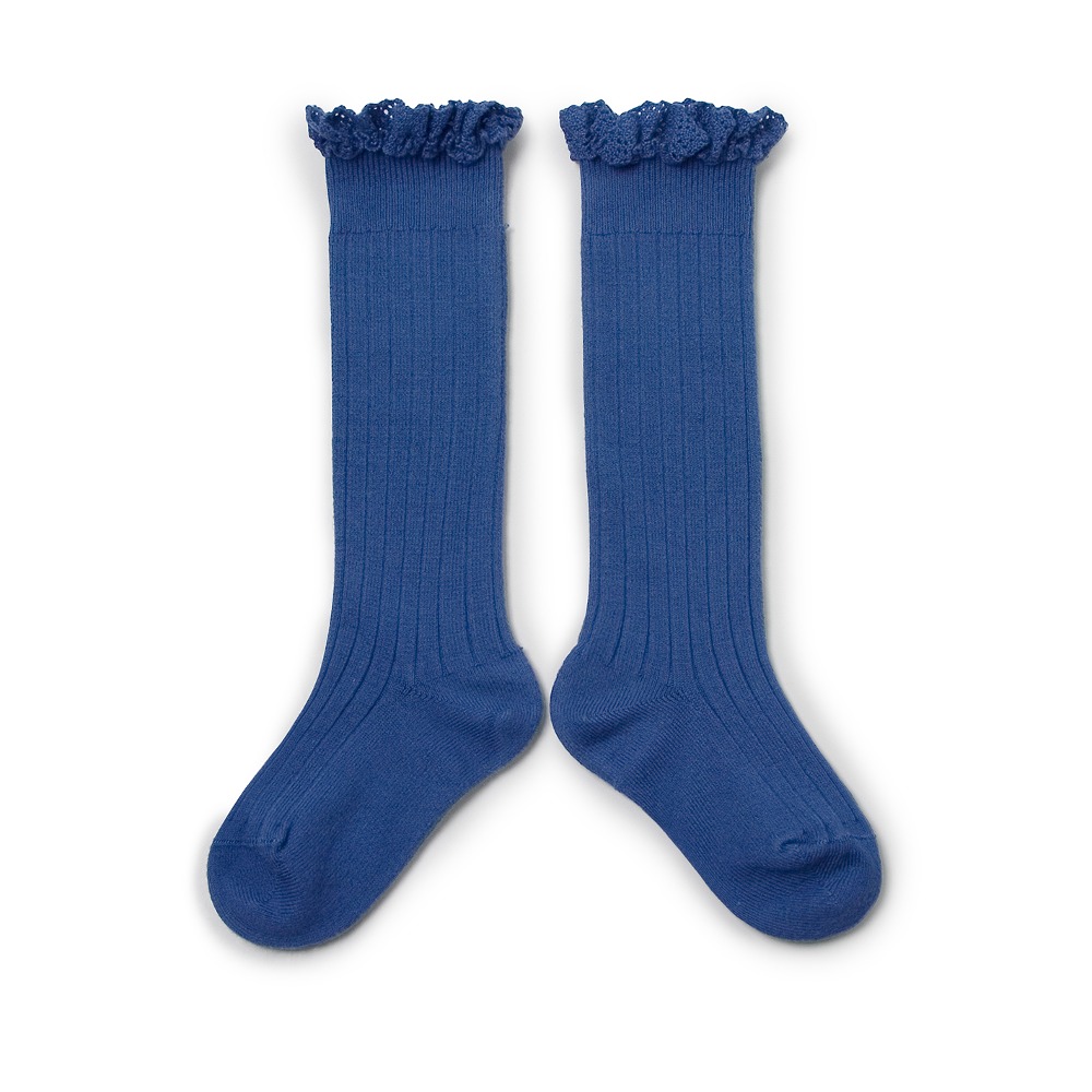 [Collegien] 24SS Joséphine - Lace-Trim Ribbed Knee-high Socks - Bleu Saphir