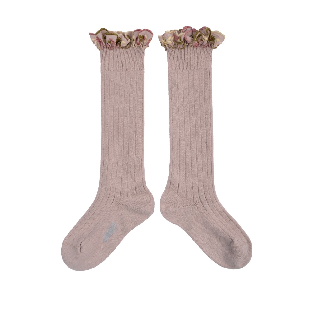 [Collegien] 꼴레지앙 Eglantine - Embroidered Ruffle Ribbed Knee-high Socks - 331