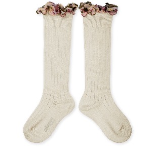 [Collegien] 꼴레지앙 Eglantine - Embroidered Ruffle Ribbed Knee-high Socks - 037