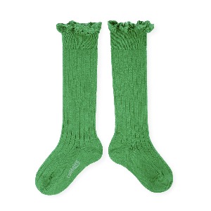 [Collegien] 24SS Joséphine - Lace-Trim Ribbed Knee-high Socks - Vert Jackpot