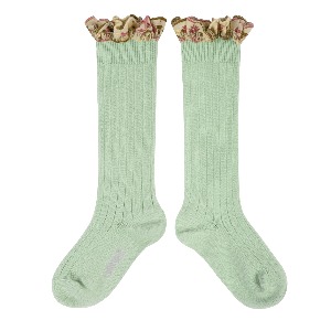 [Collegien] 꼴레지앙 Eglantine - Embroidered Ruffle Ribbed Knee-high Socks - 251